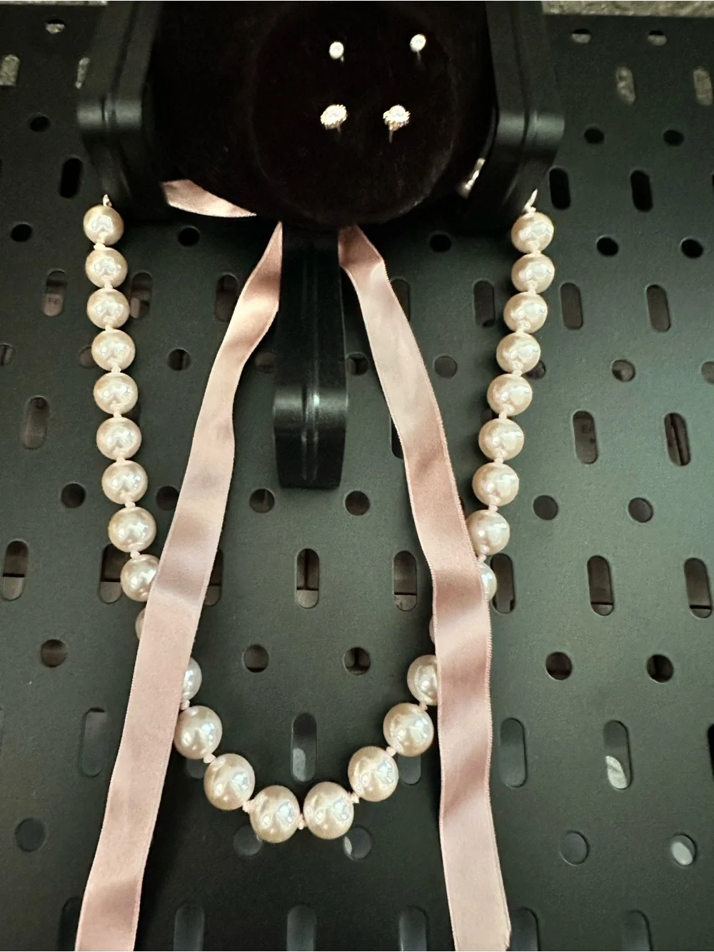Classic Pearl Necklace with Pink Ribbon Accent and 2 set of pearl earrings
